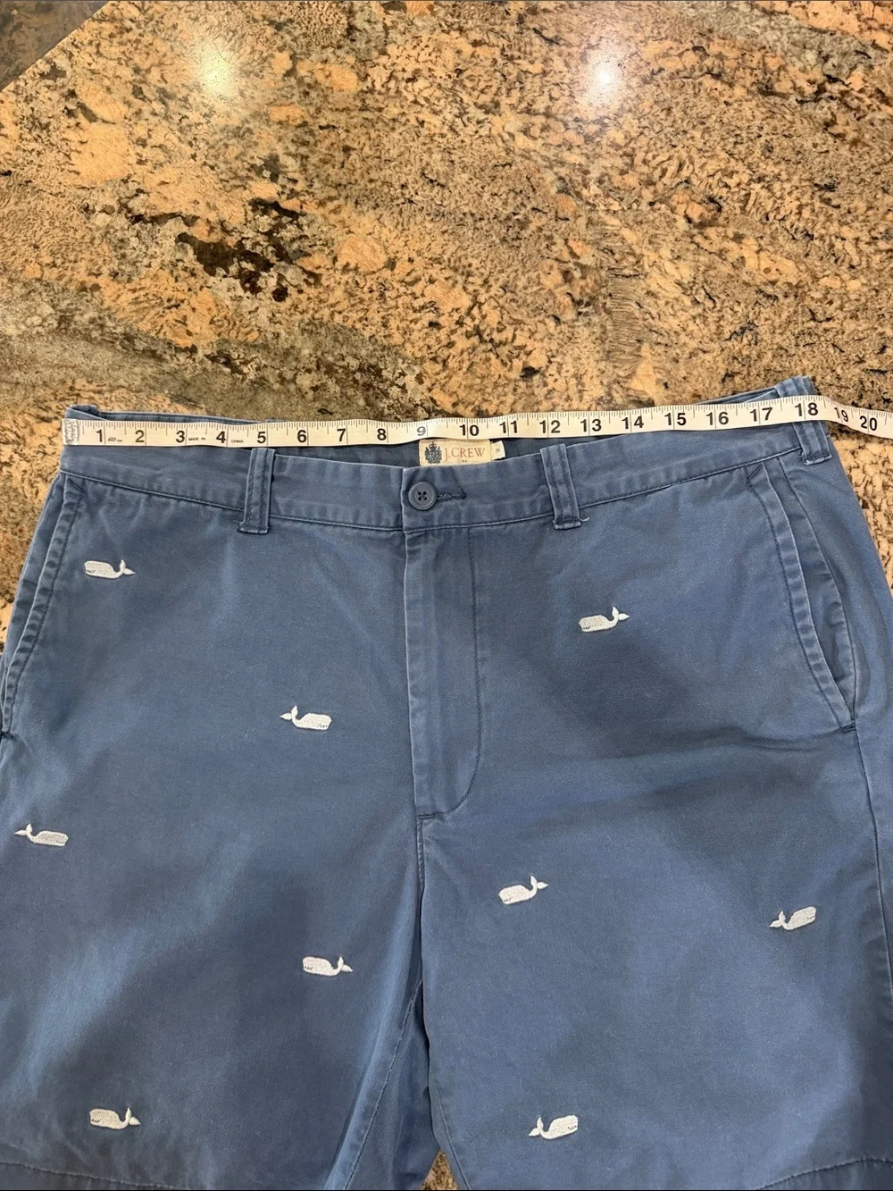 J. Crew Navy Blue Flat-Front Shorts with White Whale Embroidery